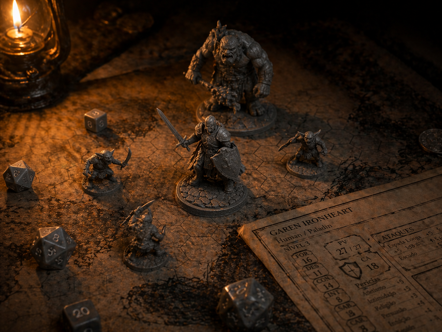 Cena de campanha — miniaturas, terreno e dados na mesa